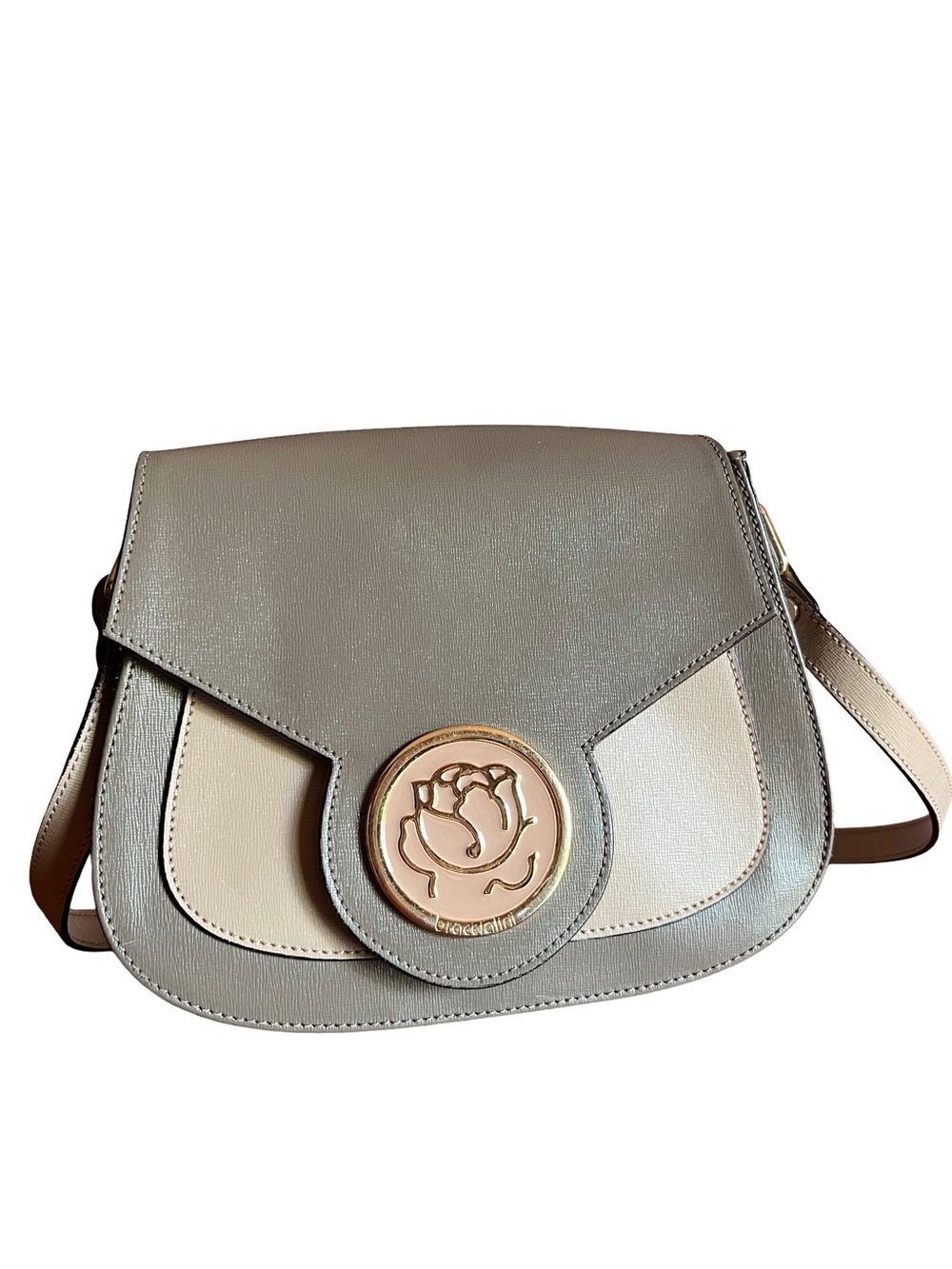 Braccialini Italian Leather Crossbody Bag Taupe Made In Italy